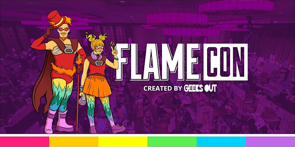 Drag King Flamie and Tween Flamie on top of an image of the Sheraton Times Square with a purple overlay. White text of "Flame Con", and below that "Created by Geeks OUT"