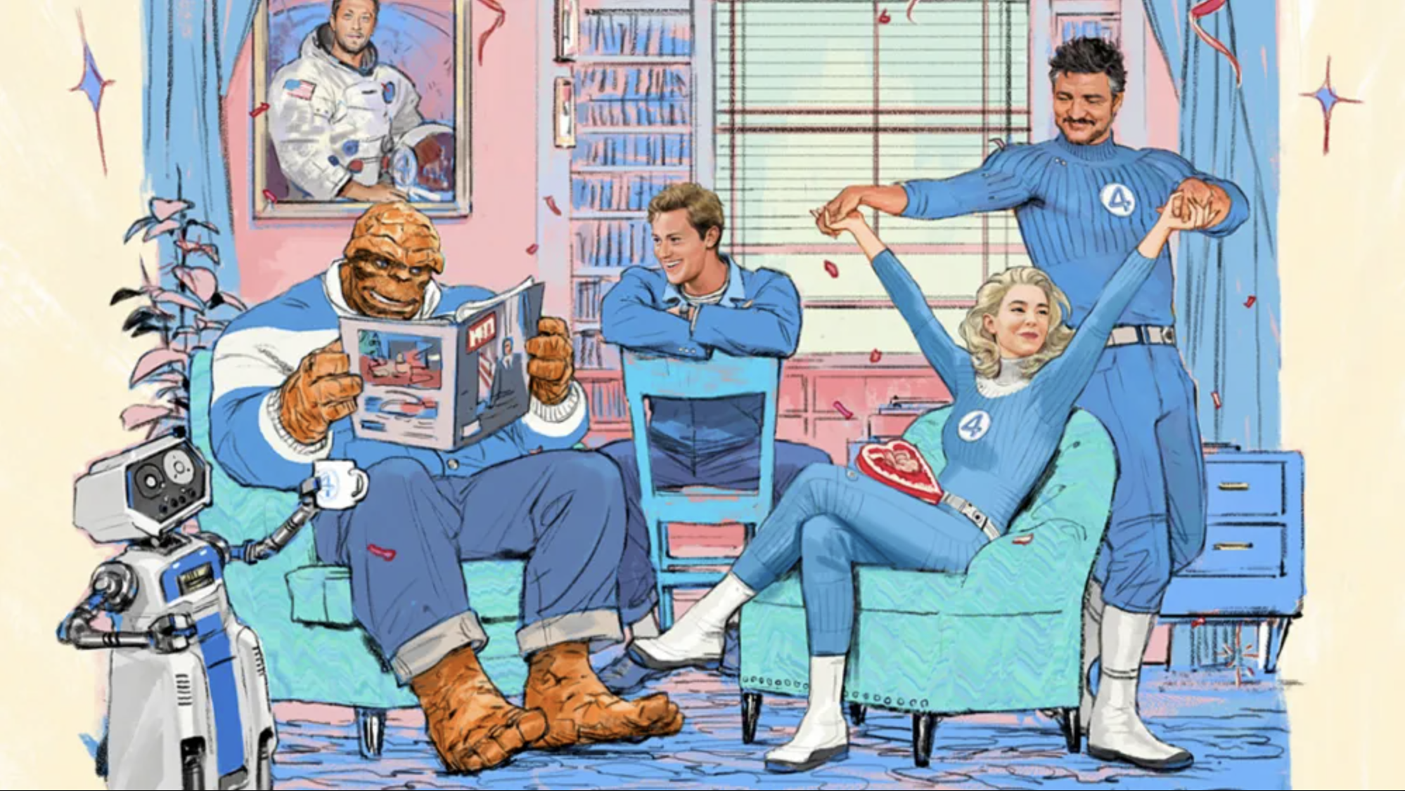 art of cast of the new Fantastic Four movie as their comic counterparts